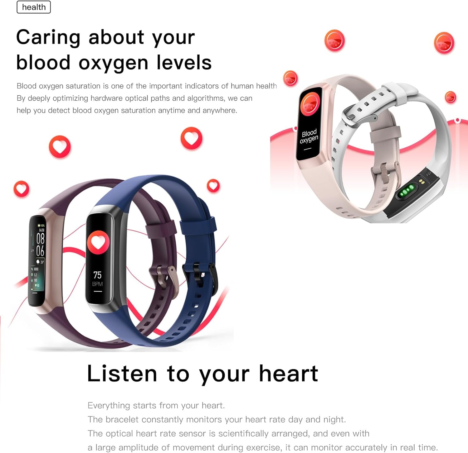 Health and Fitness Tracker for Men and Women, AMOLED Display, Compatible with Android & iOS, Features Alarm, Stopwatch, Blood Pressure Monitor, Calorie Tracking, and IP68 Waterproof Rating