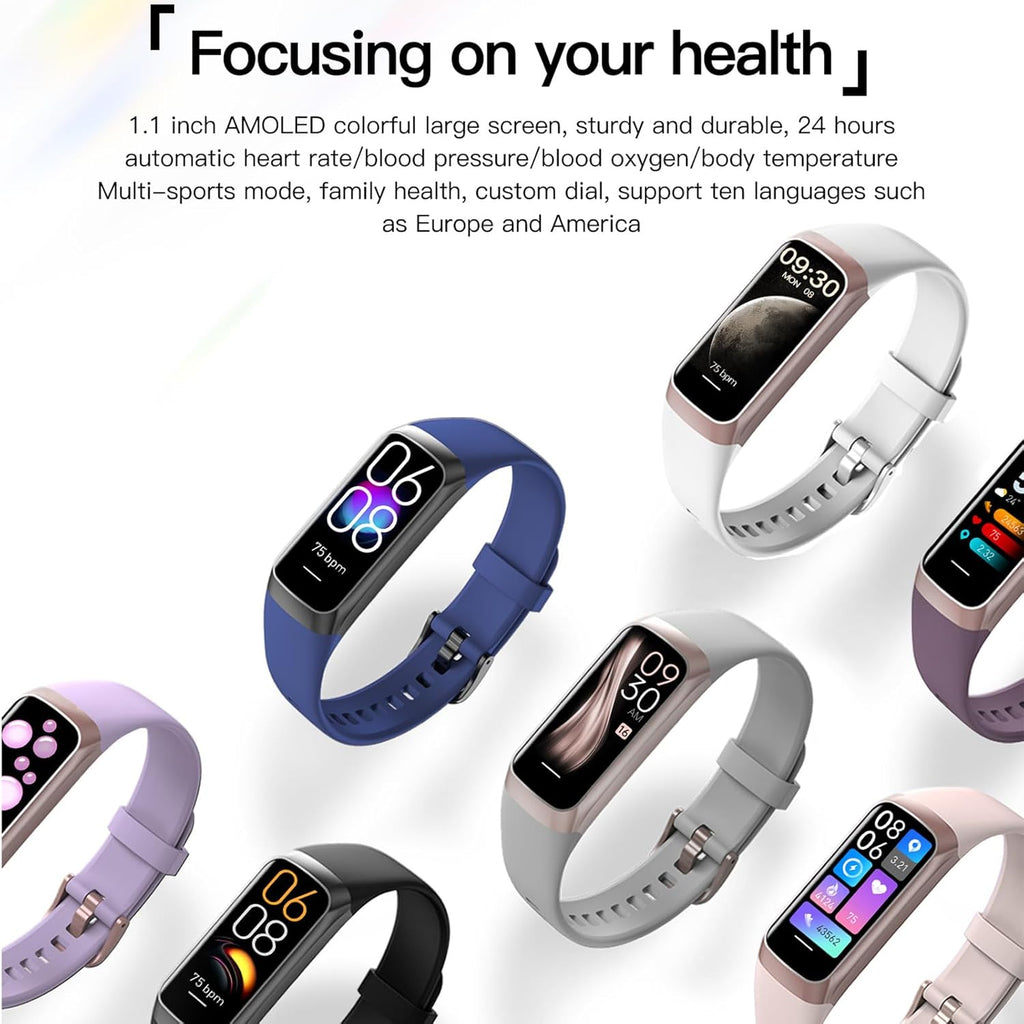 Health and Fitness Tracker for Men and Women, AMOLED Display, Compatible with Android & iOS, Features Alarm, Stopwatch, Blood Pressure Monitor, Calorie Tracking, and IP68 Waterproof Rating