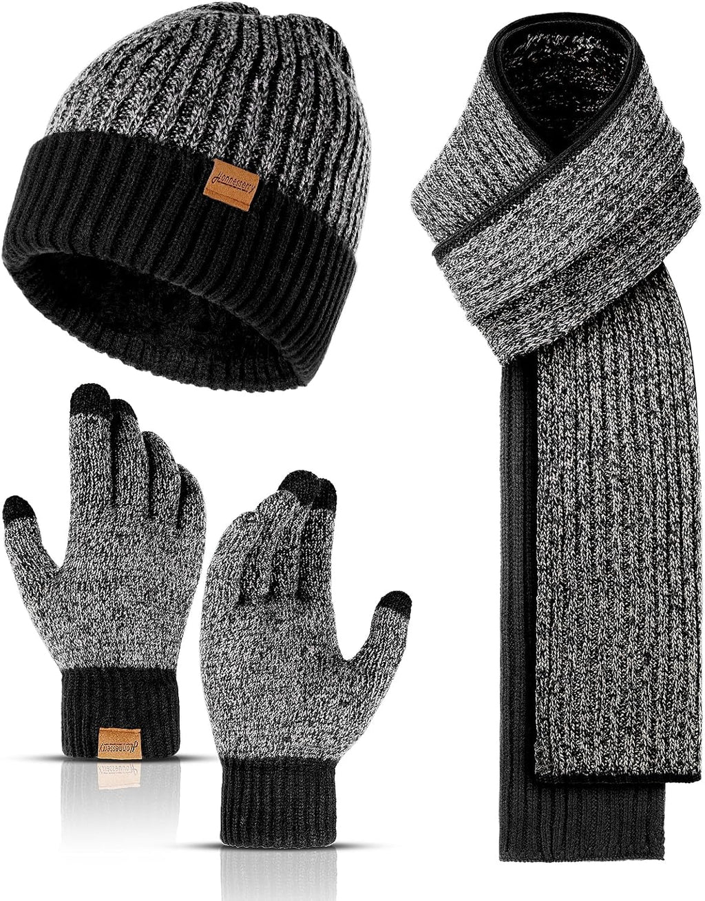 Winter Beanie Hats for Men Long Neck Scarf and Touchscreen Gloves Set with Fleece Lined Skull Caps Gifts for Men