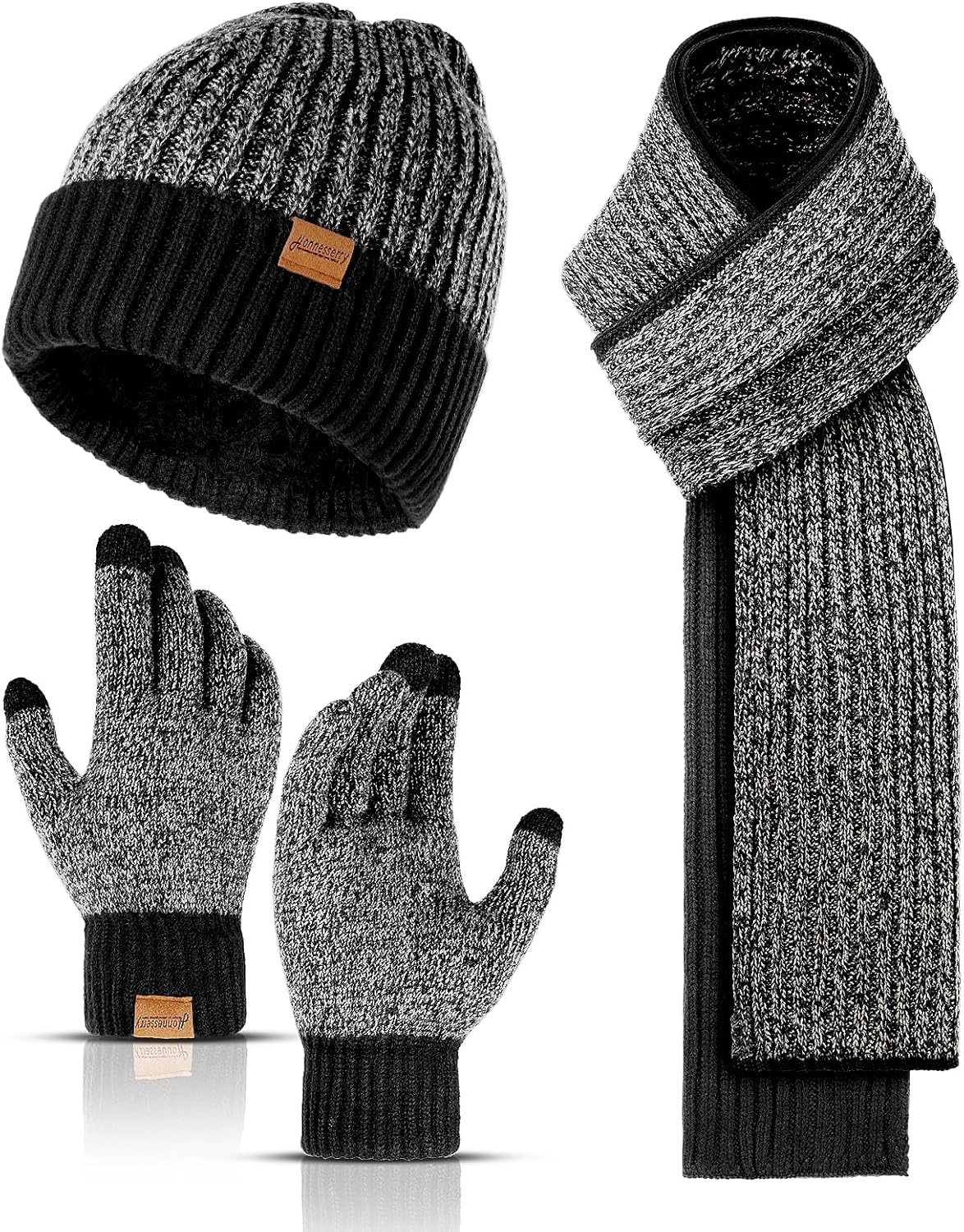 Winter Beanie Hats for Men Long Neck Scarf and Touchscreen Gloves Set with Fleece Lined Skull Caps Gifts for Men
