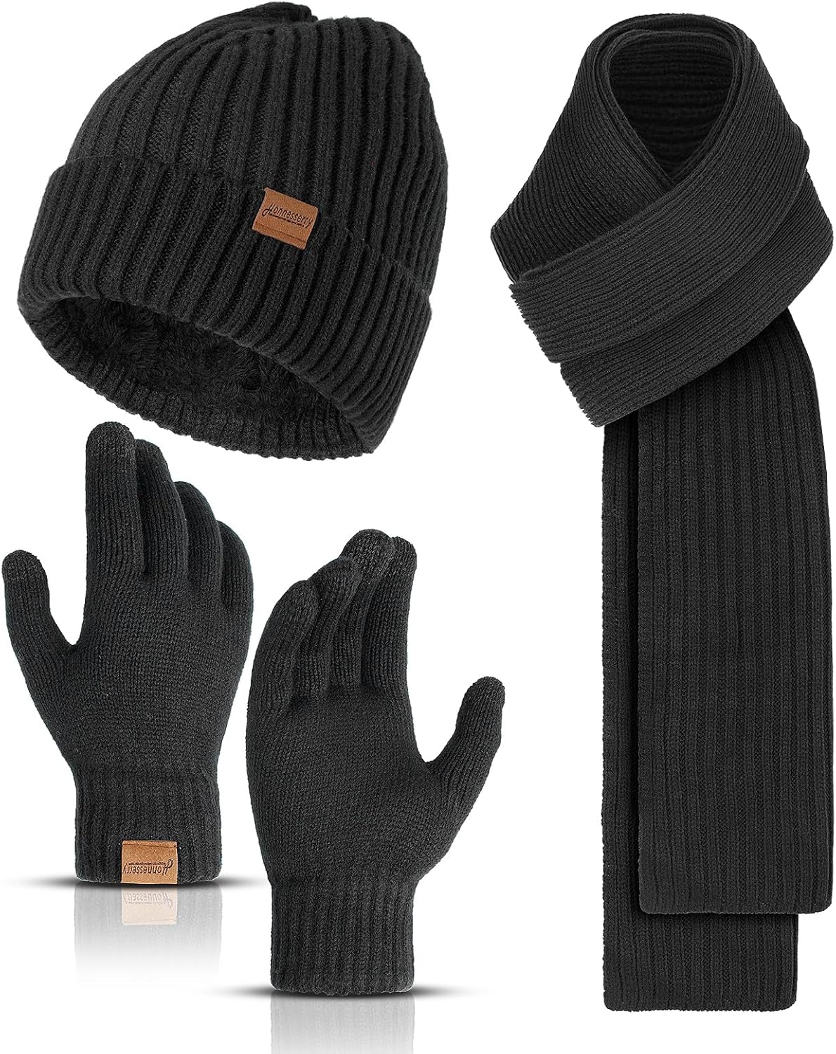 Winter Beanie Hats for Men Long Neck Scarf and Touchscreen Gloves Set with Fleece Lined Skull Caps Gifts for Men