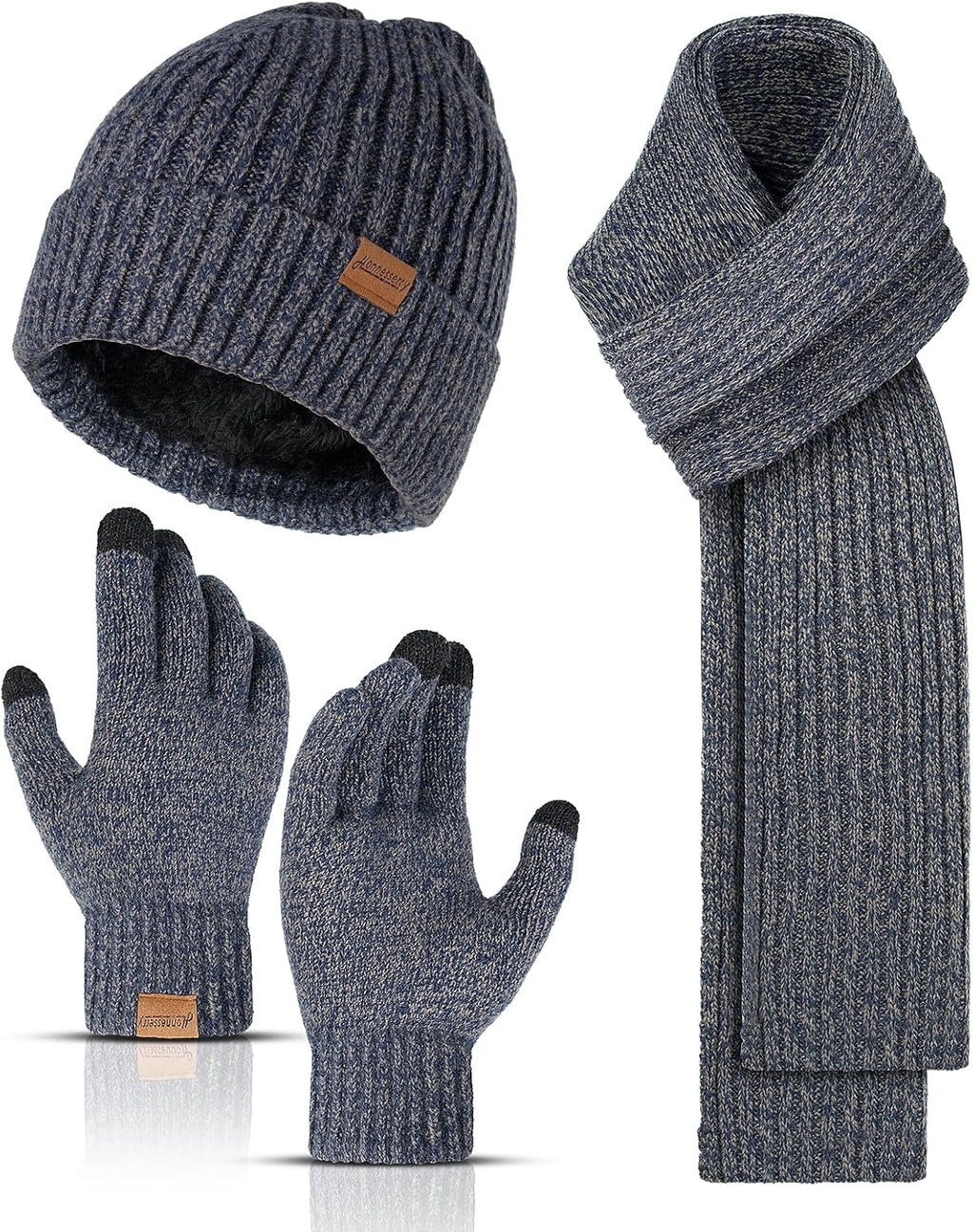 Winter Beanie Hats for Men Long Neck Scarf and Touchscreen Gloves Set with Fleece Lined Skull Caps Gifts for Men