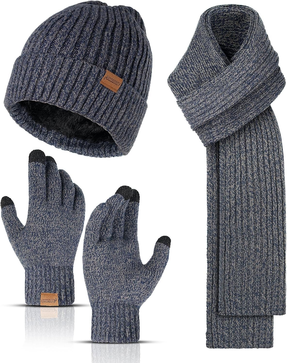 Winter Beanie Hats for Men Long Neck Scarf and Touchscreen Gloves Set with Fleece Lined Skull Caps Gifts for Men
